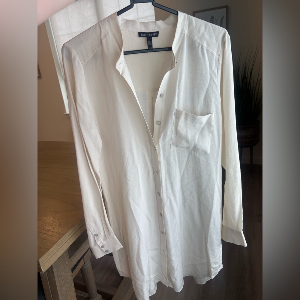 Eileen Fisher Ivory Silk Button Front Tunic Shirt XS